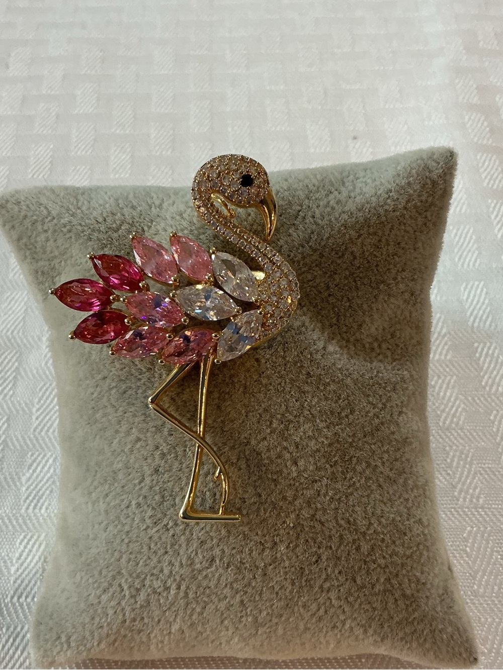 Magenta & Pink Rhinestone Flamingo Gold Tone Brooch